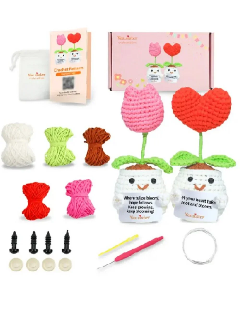 Emotional Support Amigurumi Tulip Heart Flowers Crochet Kit DIY 5-in Mini Craft